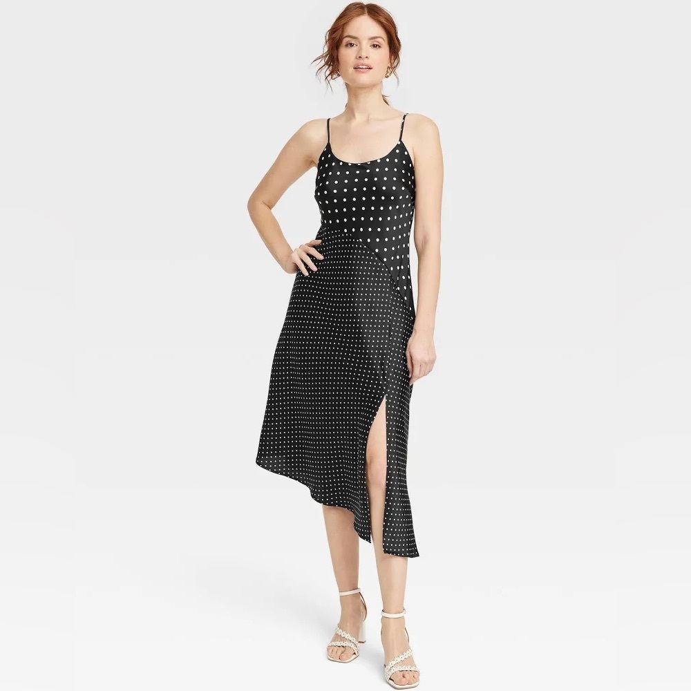 a new day Asymmetrical Black and White Satin Polka Dot Dress